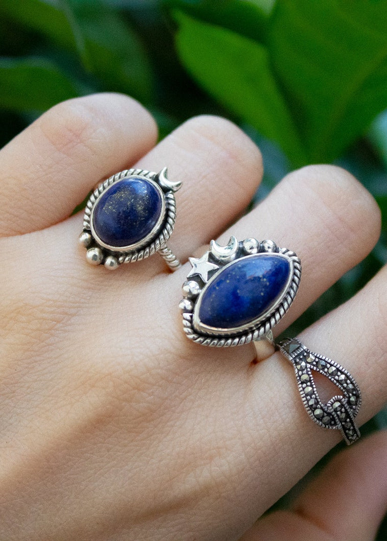 Anillo de lapislázuli, piedra natal de septiembre, anillo de luna creciente, media luna, SKU 6183