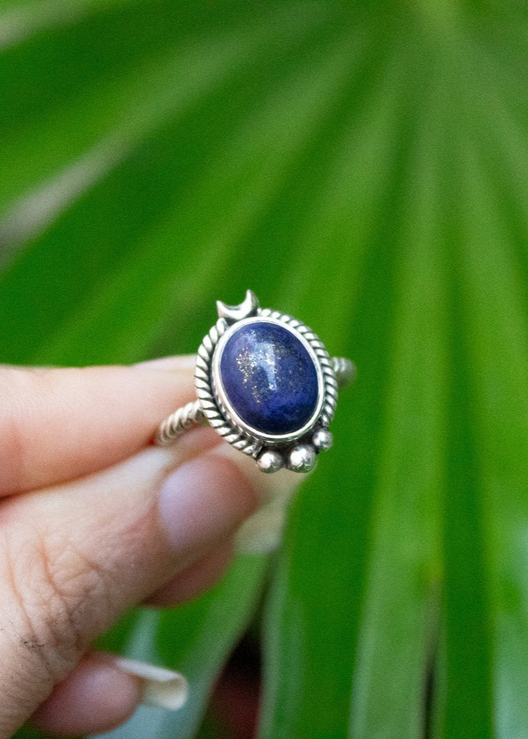 Anillo de lapislázuli, piedra natal de septiembre, anillo de luna creciente, media luna, SKU 6183