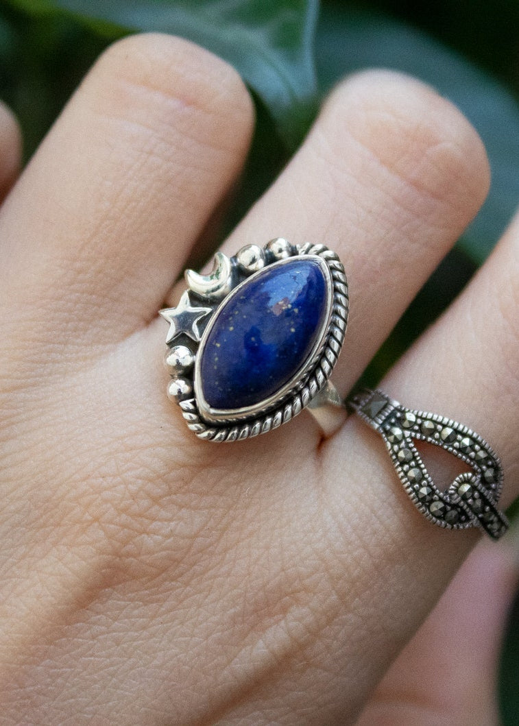 Bague Lapis Lazuli, bague demi-lune en argent sterling, bague céleste, SKU 6115