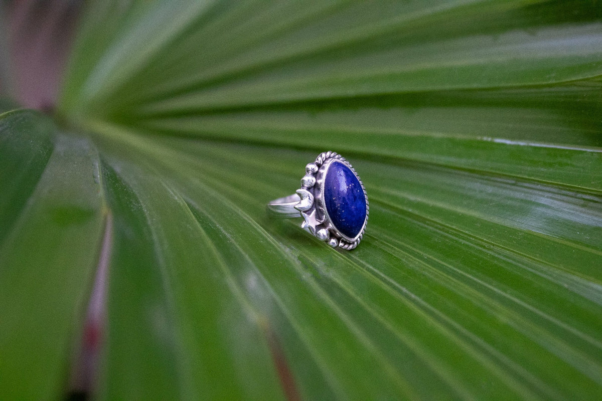 Anillo de lapislázuli, anillo de media luna de plata esterlina, anillo celestial, SKU 6115