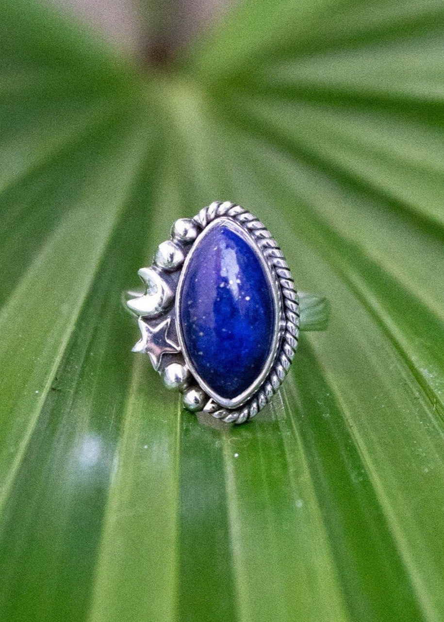 Bague Lapis Lazuli, bague demi-lune en argent sterling, bague céleste, SKU 6115