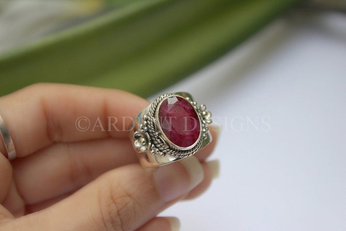 Red Ruby Gemstone Sterling Silver Ring, Wide Band Ring, July Birthstone, SKU 6206
