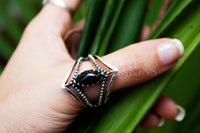 Black Onyx Ring Sterling Silver Gemstone Ring Marquise Shape, SKU 6136