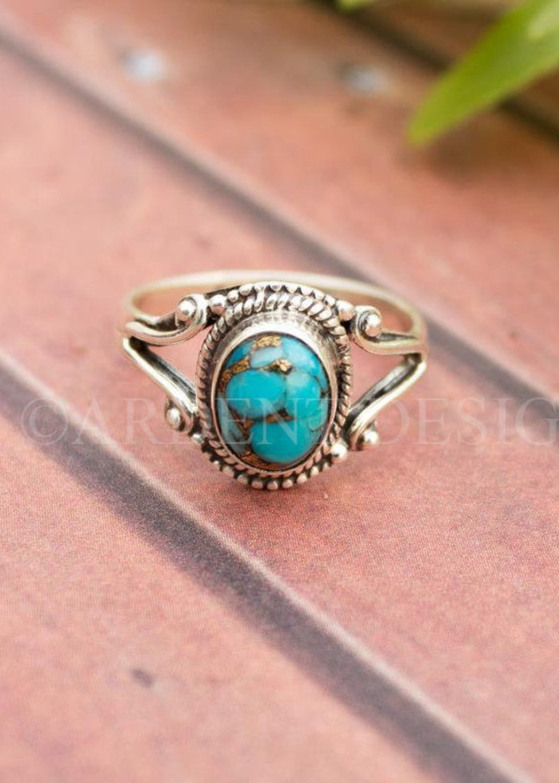 Anillo de Plata Esterlina Azul Cobre Turquesa, Boho, SKU 6182