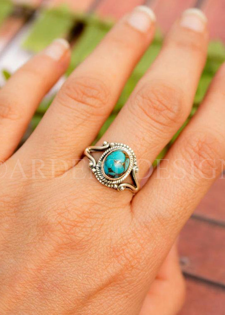 Anillo de Plata Esterlina Azul Cobre Turquesa, Boho, SKU 6182