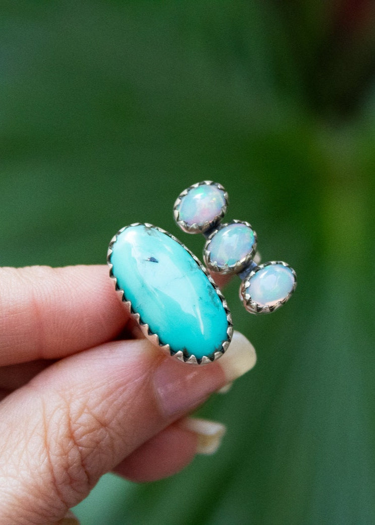 Anillo de ópalo y turquesa natural, piedra natal de diciembre, anillo de ópalo de fuego, SKU 6158