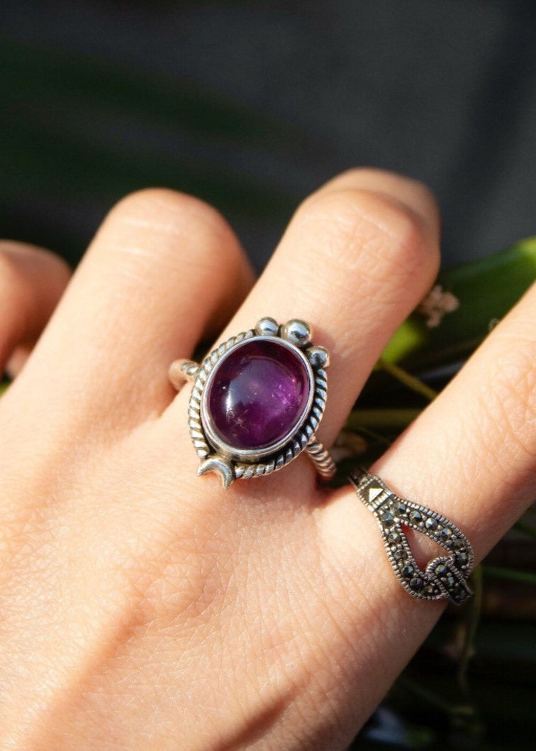 Bague en améthyste naturelle faite à la main en argent sterling 925, croissant de lune, SKU 6134