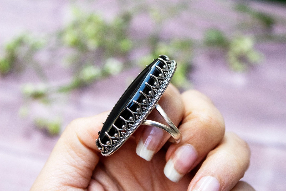 Anillo de ónix negro, forma marquesa, anillo llamativo, anillo largo, SKU 6207