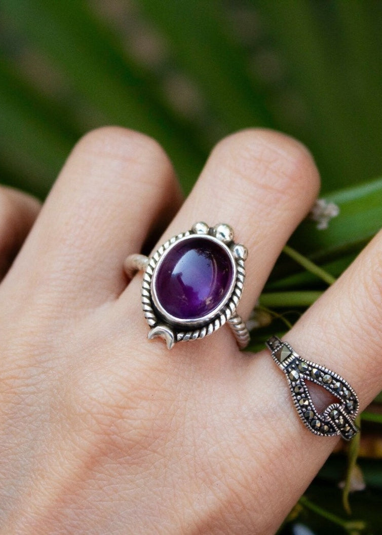 Bague en améthyste naturelle faite à la main en argent sterling 925, croissant de lune, SKU 6134