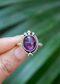 Natural Amethyst Ring Handmade 925 Sterling Silver, Crescent Moon, SKU 6134