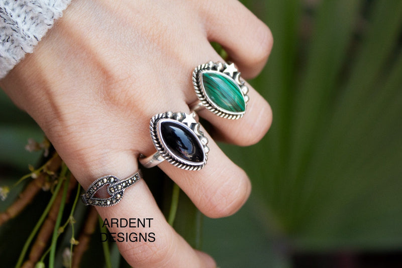 Black Onyx Ring, Sterling Silver Marquise Shape, Stars Ring, SKU 6110