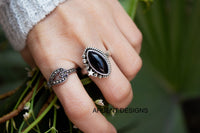 Anillo de ónix negro, forma marquesa de plata esterlina, anillo de estrellas, SKU 6110