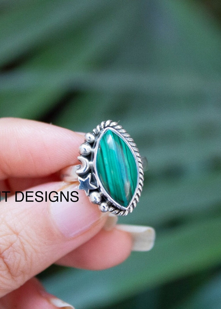 Anillo Malaquita Plata Esterlina, Piedra Verde Natural, Anillo Bótico, Anillo Celeste, SKU 6195