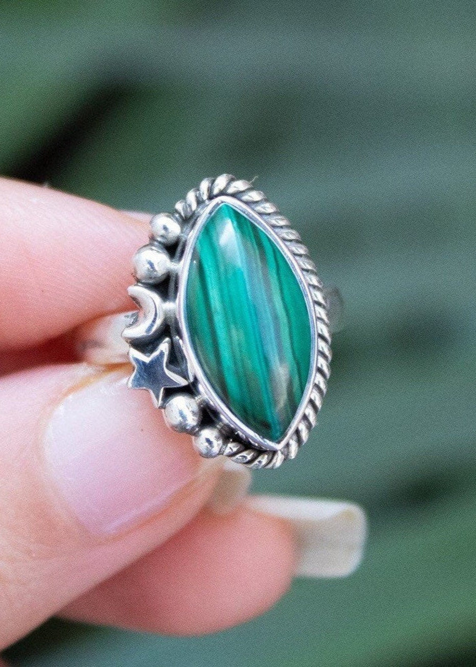 Anillo Malaquita Plata Esterlina, Piedra Verde Natural, Anillo Bótico, Anillo Celeste, SKU 6195