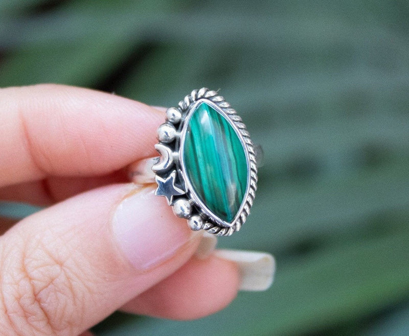 Malachite Ring Sterling Silver, Natural Green Stone, Bothic Ring, Celestial Ring, SKU 6195