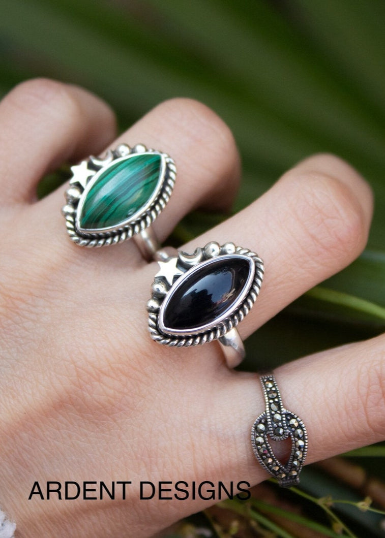 Anillo Malaquita Plata Esterlina, Piedra Verde Natural, Anillo Bótico, Anillo Celeste, SKU 6195