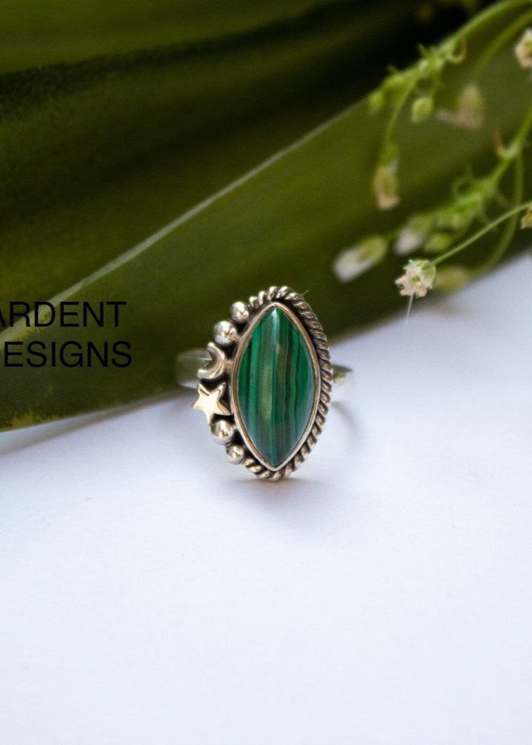 Anillo Malaquita Plata Esterlina, Piedra Verde Natural, Anillo Bótico, Anillo Celeste, SKU 6195
