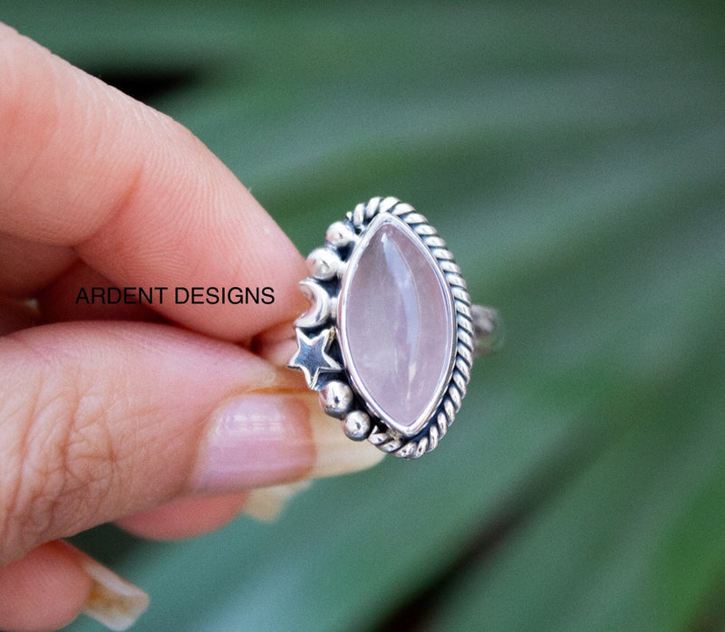 Anillo de cuarzo rosa, anillo de plata esterlina con forma de marquesa, Boho, anillo celestial, SKU 6184