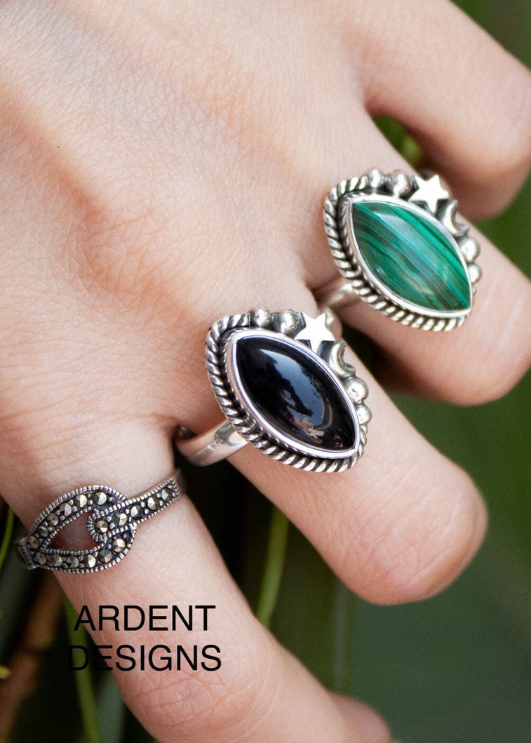 Anillo Malaquita Plata Esterlina, Piedra Verde Natural, Anillo Bótico, Anillo Celeste, SKU 6195