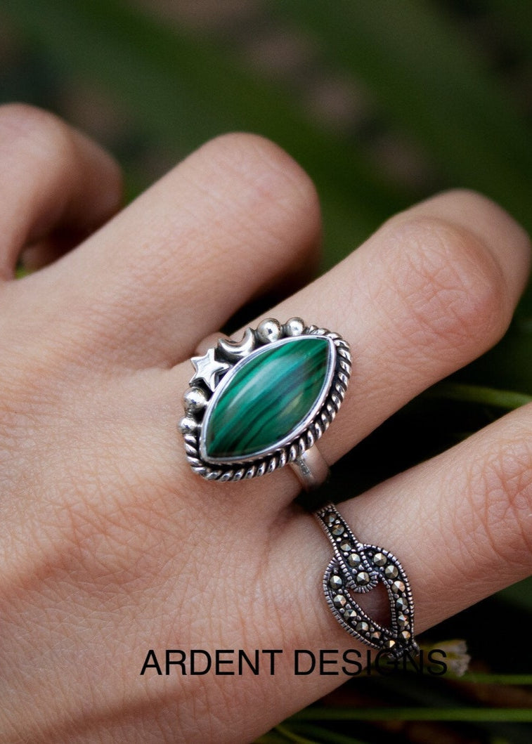 Anillo Malaquita Plata Esterlina, Piedra Verde Natural, Anillo Bótico, Anillo Celeste, SKU 6195