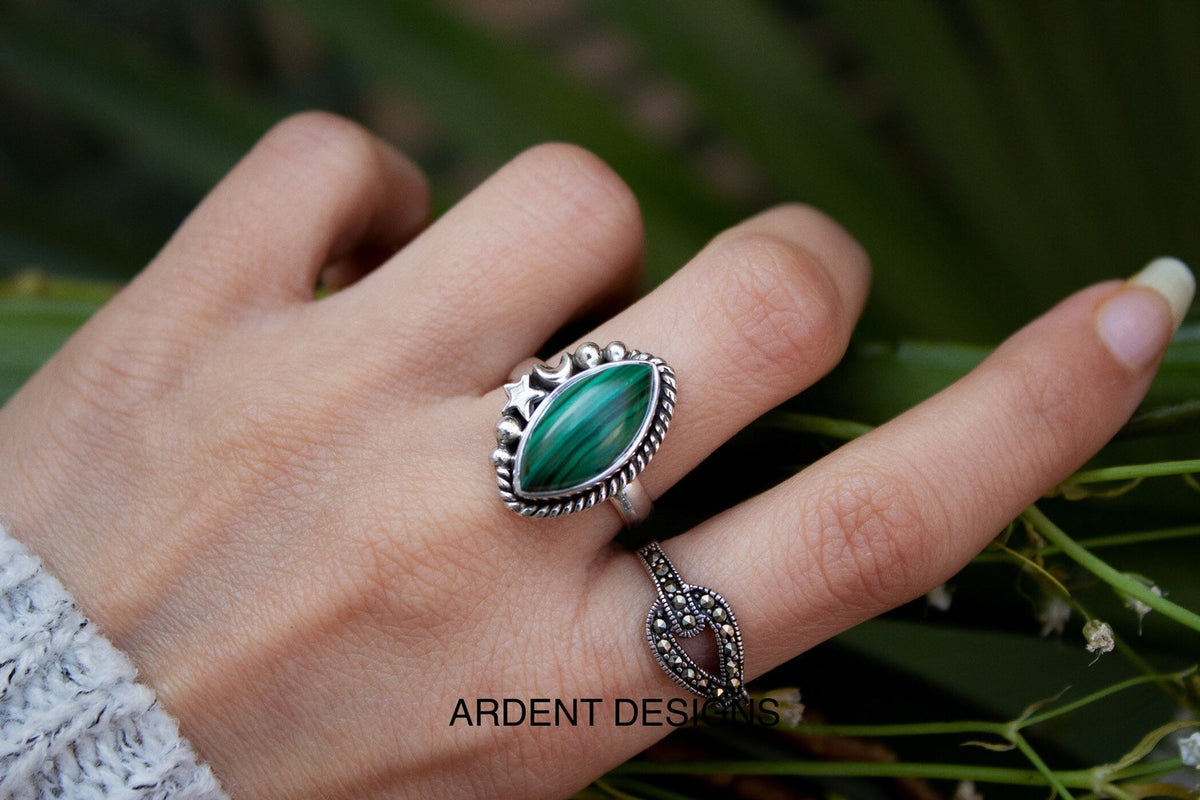 Malachite Ring Sterling Silver, Natural Green Stone, Bothic Ring, Celestial Ring, SKU 6195