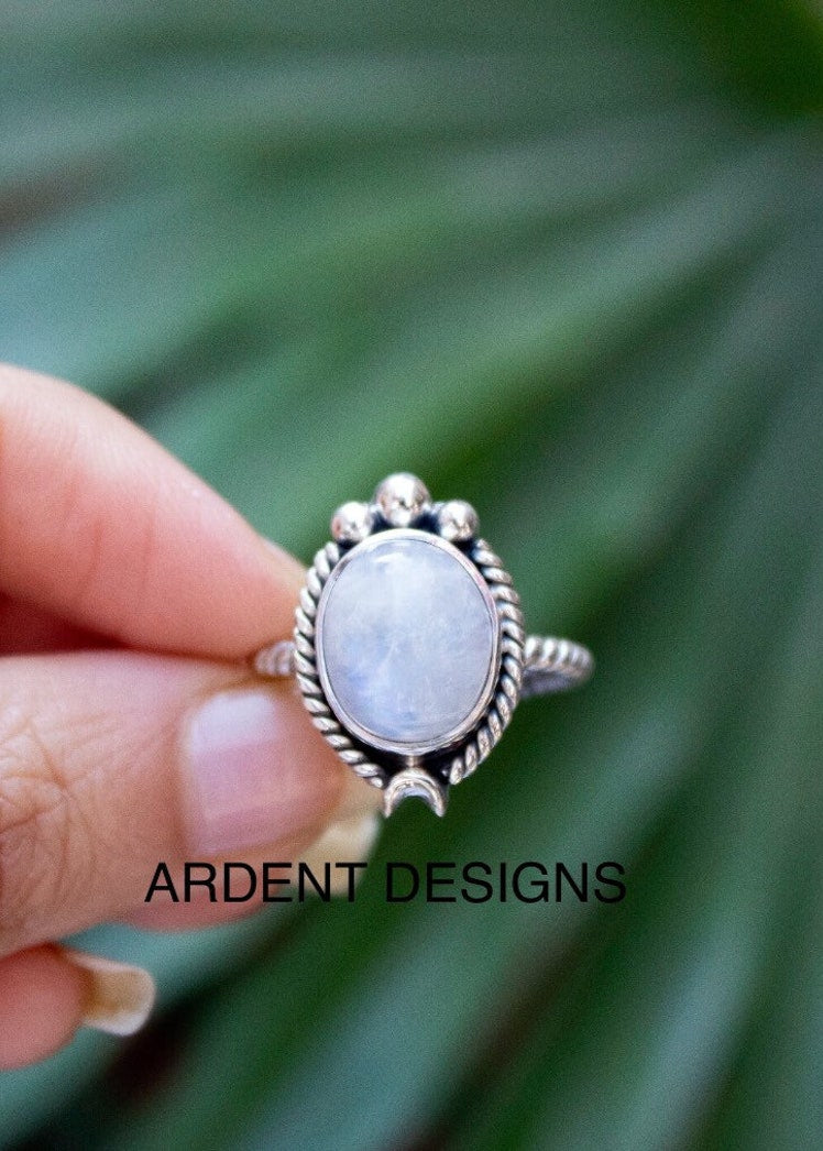 Anillo de piedra lunar Plata de ley 925, Anillo de luna creciente, Anillo celestial, SKU 6166