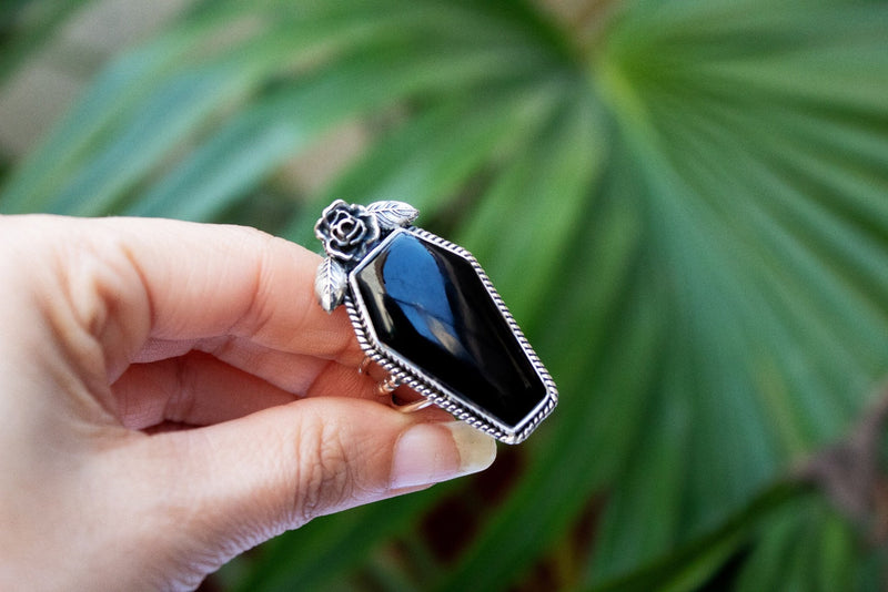 Coffin Ring, Black Onyx Ring, Witchy Ring, SKU 6161