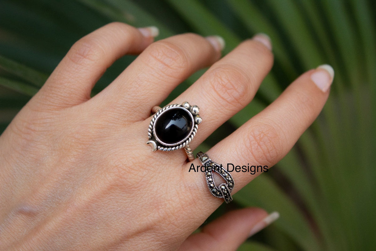Black Onyx Ring, Celestial Ring, Boho, Half Moon & Stars Ring, SKU 6192