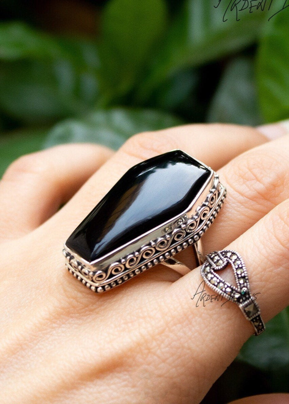 Anillo de ataúd, anillo de ónix negro, inspiración vintage, SKU 6162