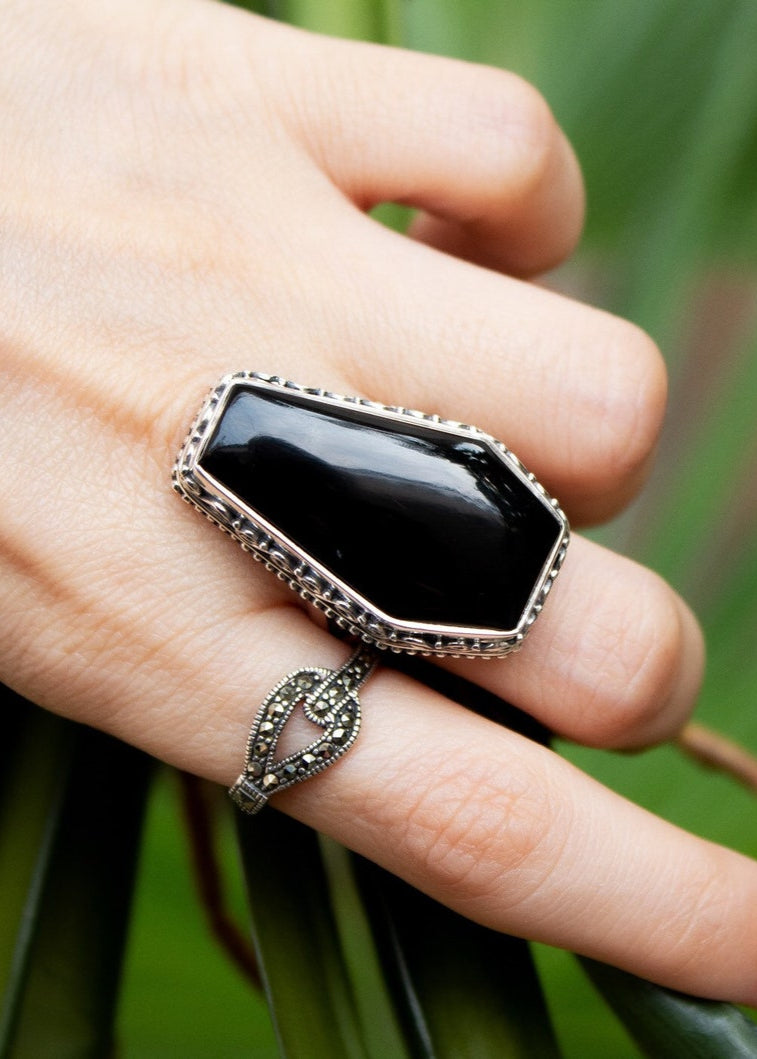 Anillo de ataúd, anillo de ónix negro, inspiración vintage, SKU 6162