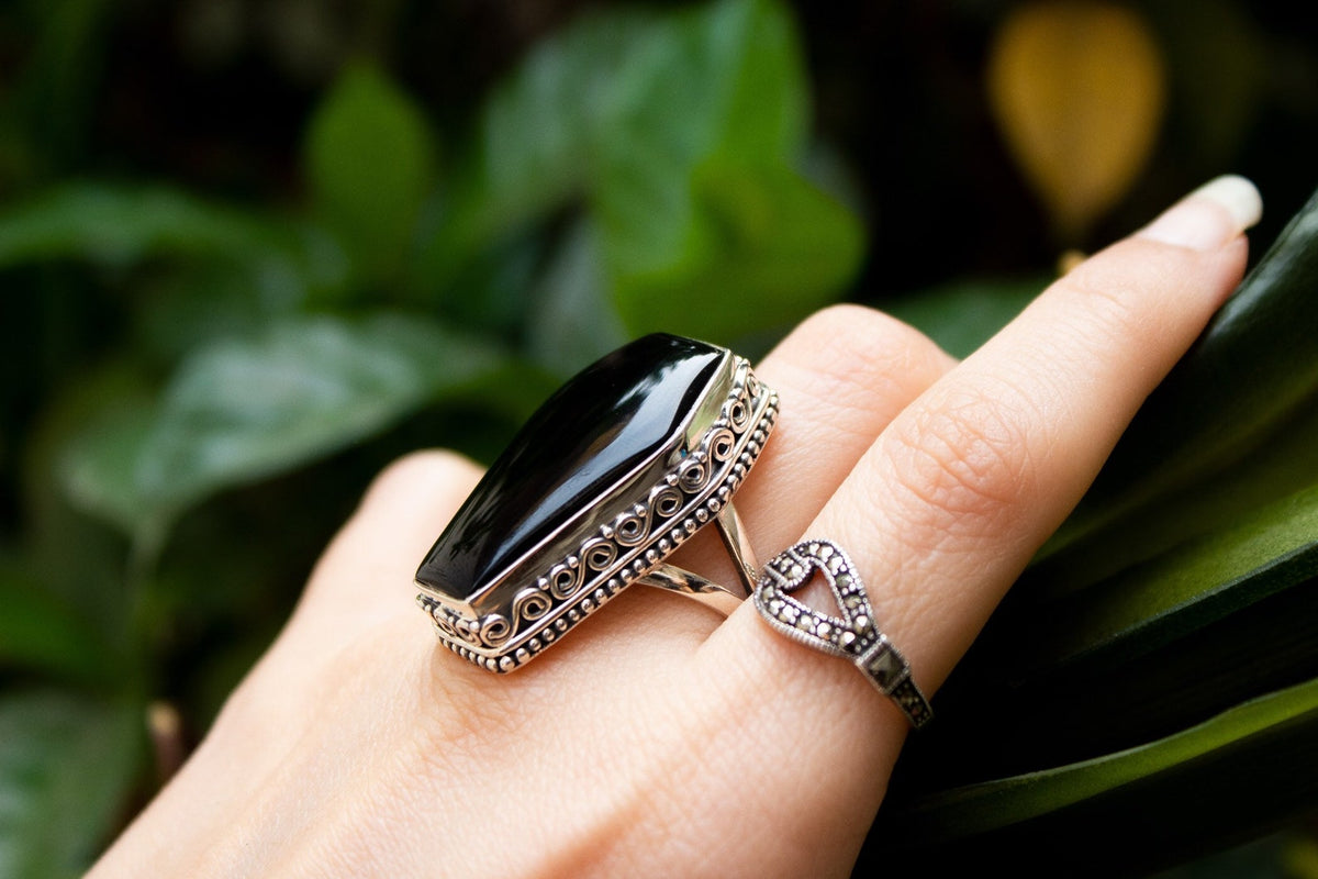 Coffin Ring, Black Onyx Ring, Vintage Inspired, SKU 6162