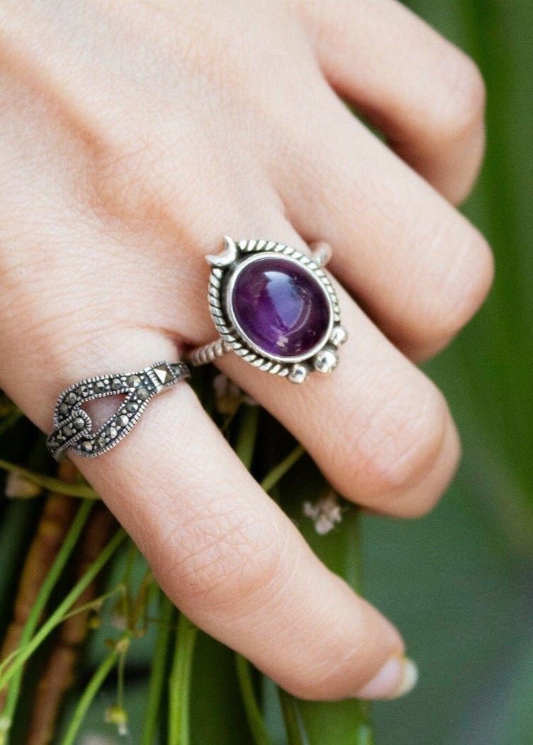 Bague en améthyste naturelle faite à la main en argent sterling 925, croissant de lune, SKU 6134