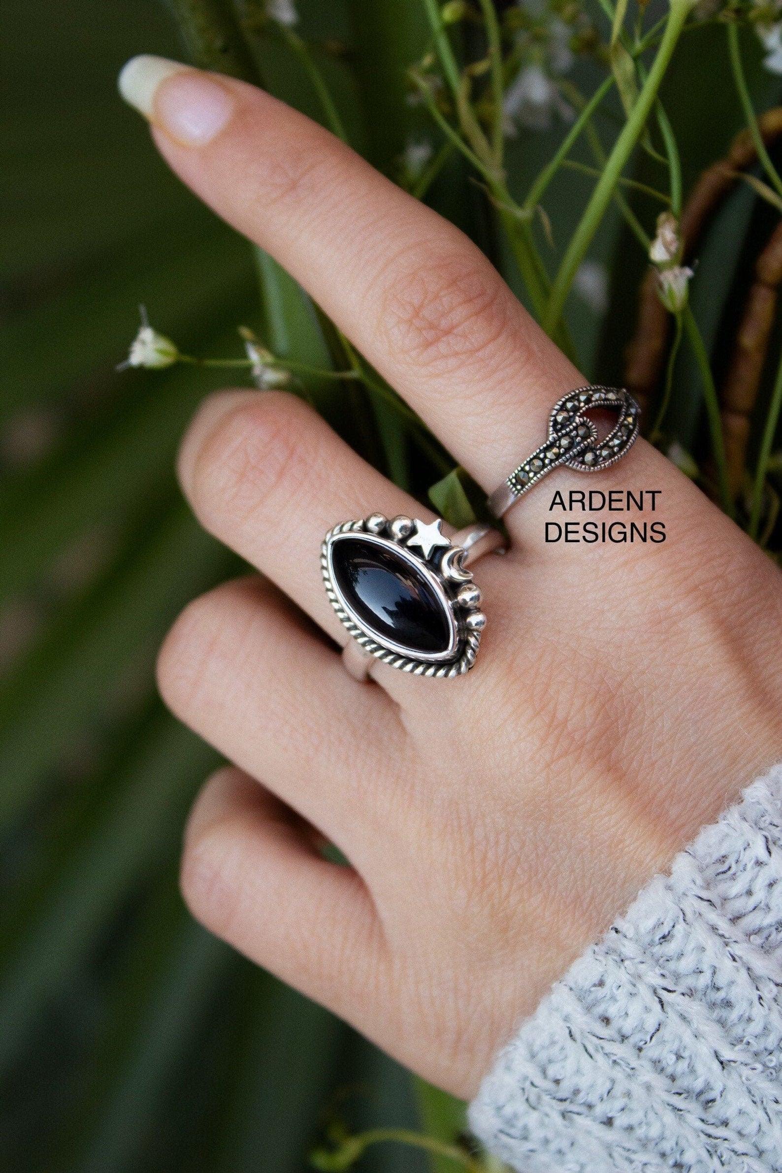 Black Onyx Ring, Sterling Silver Marquise Shape, Stars Ring, SKU