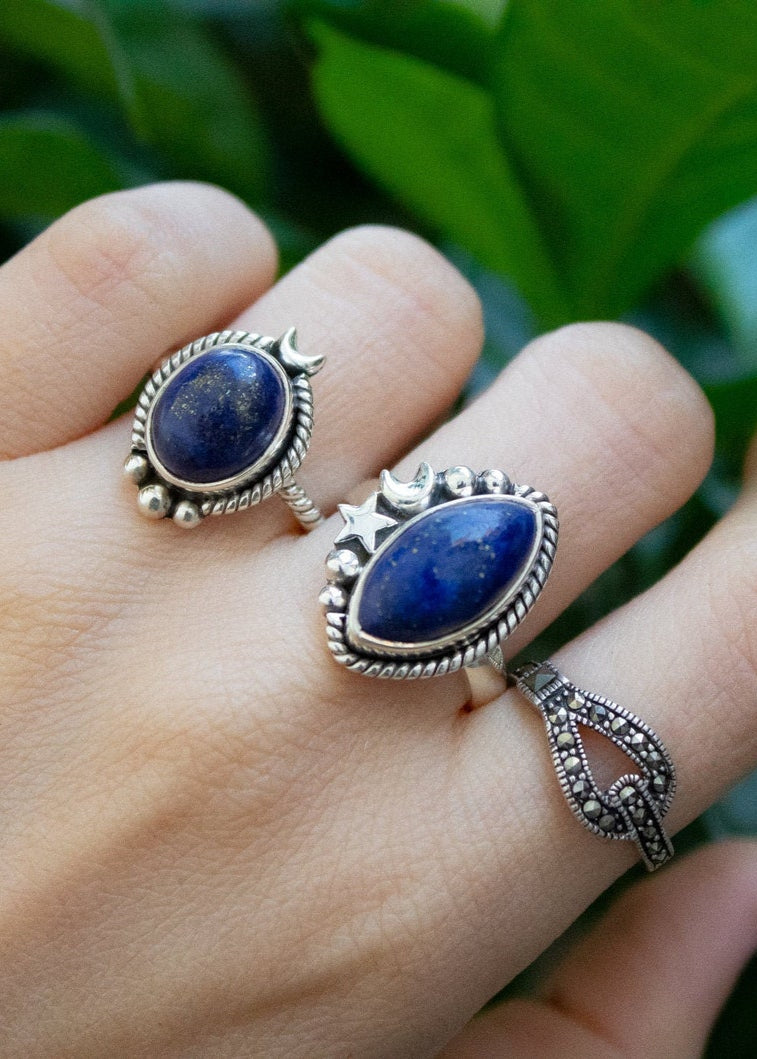 Bague Lapis Lazuli, bague demi-lune en argent sterling, bague céleste, SKU 6115