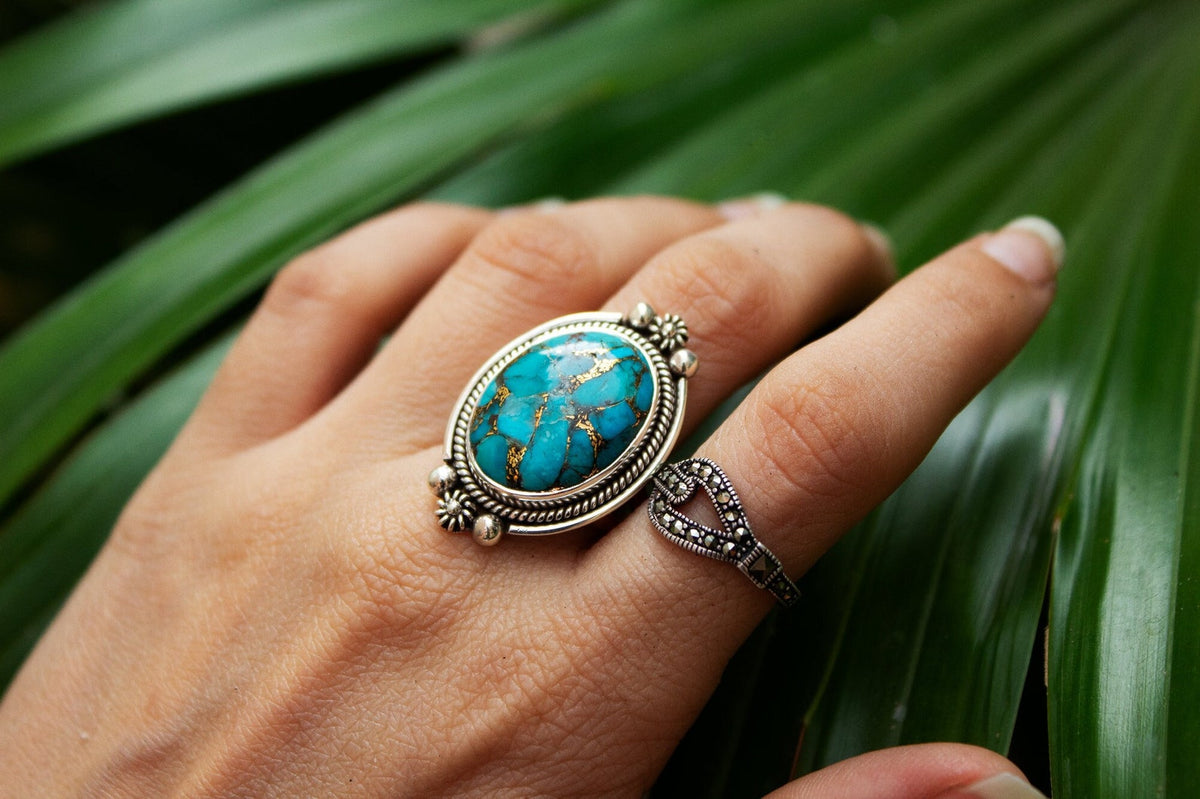 Anillo turquesa genuino, anillo de plata esterlina, anillo azul, Boho, SKU 6230