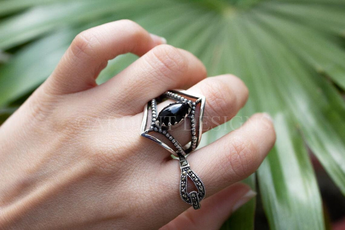 Black Onyx Ring Sterling Silver Gemstone Ring Marquise Shape, SKU 6136