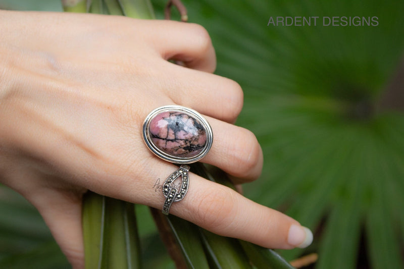 Rhodonite Ring, Natural Rhodonite Sterling Silver Ring, Pink Stone Ring, SKU 6247