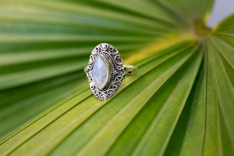 Natural Moonstone Gemstone Ring, Boho, June Birthstone, SKU 6185