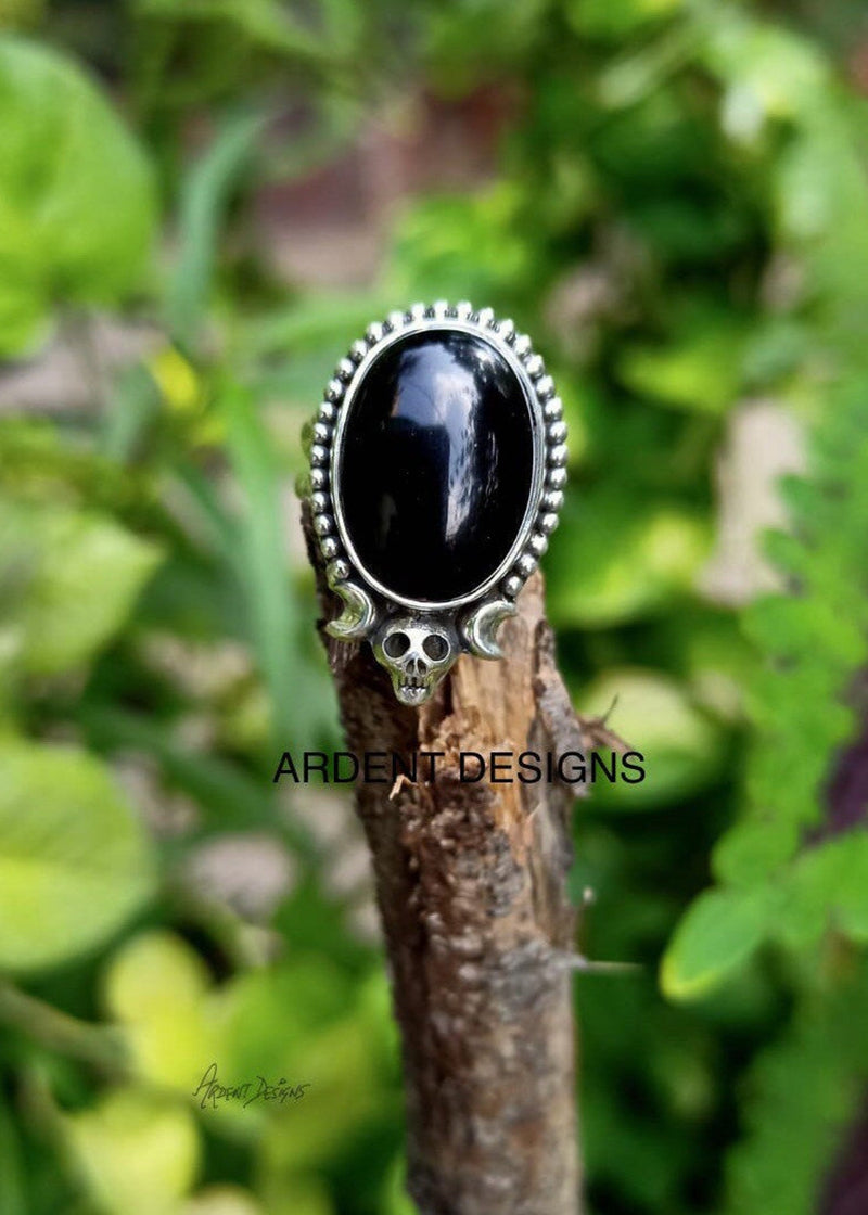 Black Onyx Ring, Halloween Ring, Skull Ring, Witchy Ring, Boho, SKU 6187