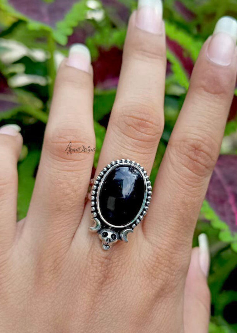 Black Onyx Ring, Halloween Ring, Skull Ring, Witchy Ring, Boho, SKU 6187