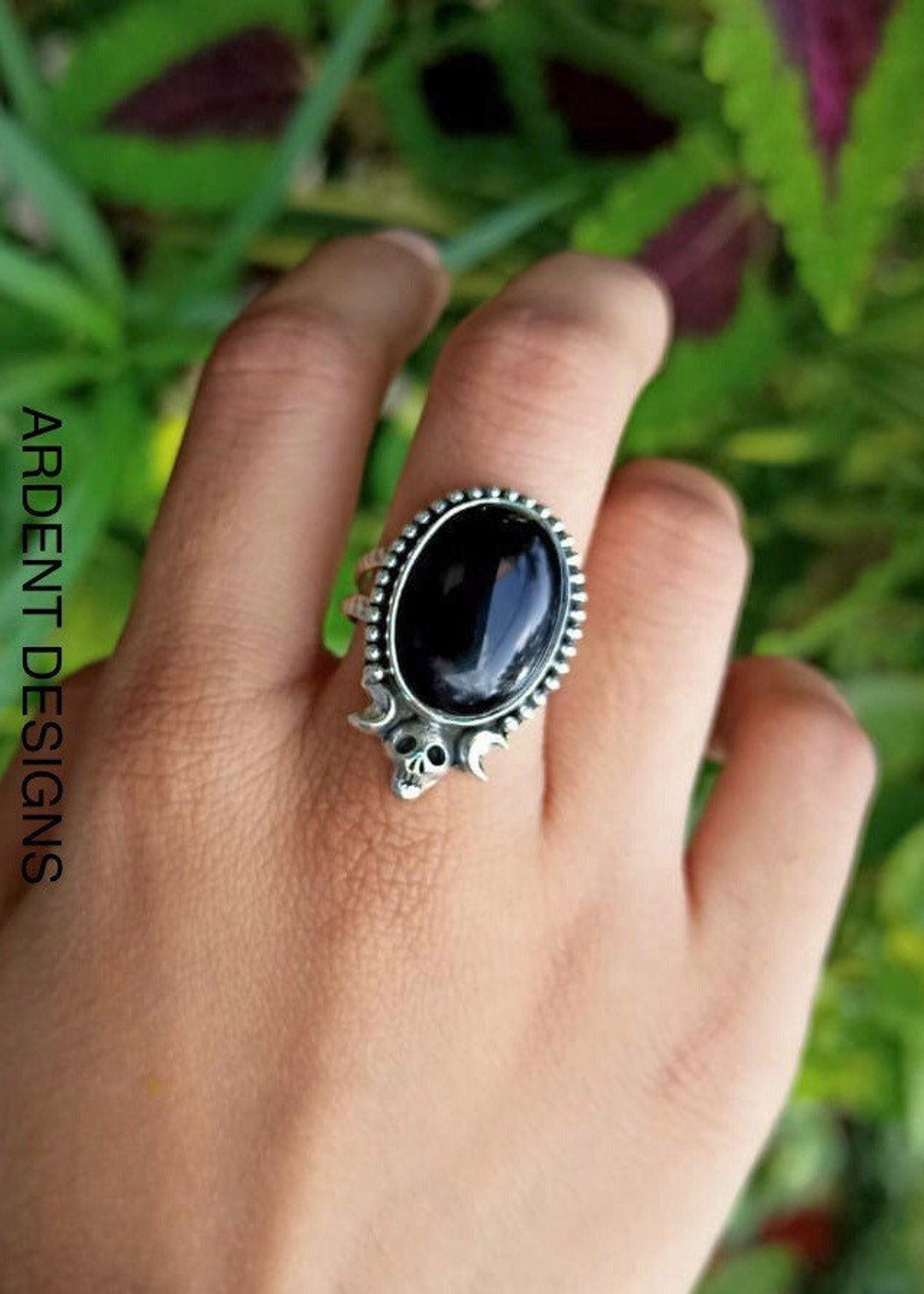 Black Onyx Ring, Halloween Ring, Skull Ring, Witchy Ring, Boho, SKU 6187