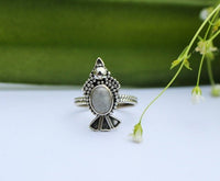 Anillo de piedra lunar arcoíris, plata de ley, anillo de pez, anillo de piedra lunar ovalada, SKU 6156