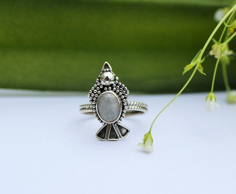 Rainbow Moonstone Ring, Sterling Silver, Fish Ring Oval Moonstone Ring, SKU 6156