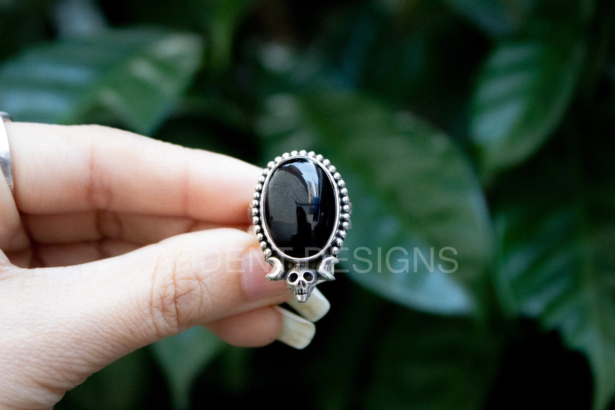 Black Onyx Ring, Halloween Ring, Skull Ring, Witchy Ring, Boho, SKU 6187