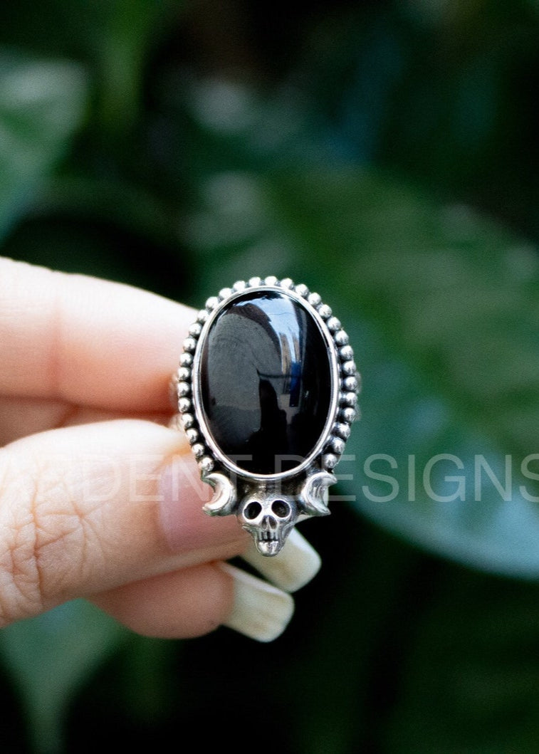 Black Onyx Ring, Halloween Ring, Skull Ring, Witchy Ring, Boho, SKU 6187