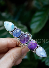 Larimar Tanzanite Amethyst Purple Copper Turquoise Moonstone Ring, SKU 6137