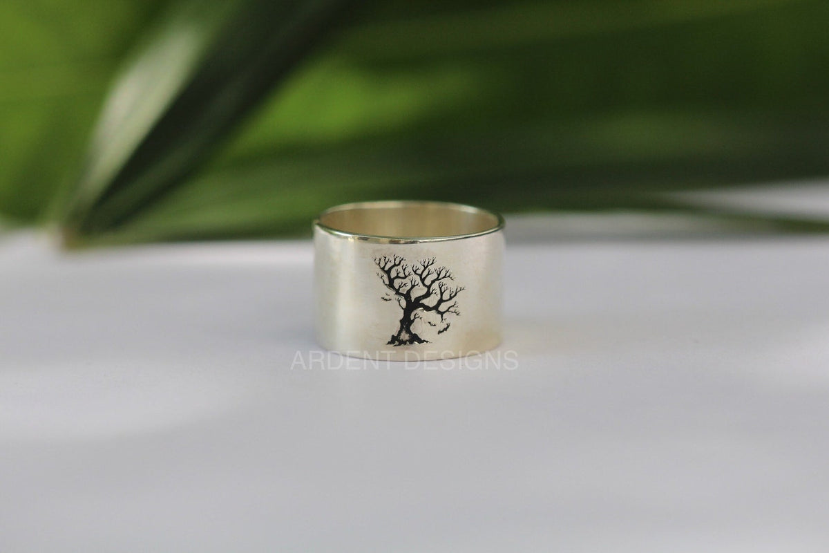 Anillo de banda de plata esterlina, anillo de árbol y murciélago, anillo de banda de Halloween, anillo de banda unisex, SKU 6327