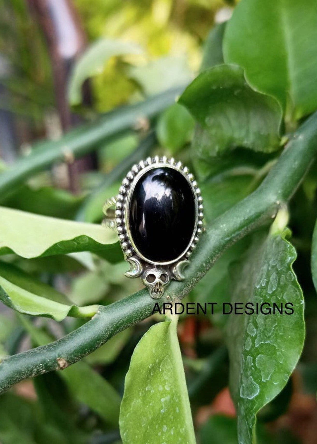 Black Onyx Ring, Halloween Ring, Skull Ring, Witchy Ring, Boho, SKU 6187