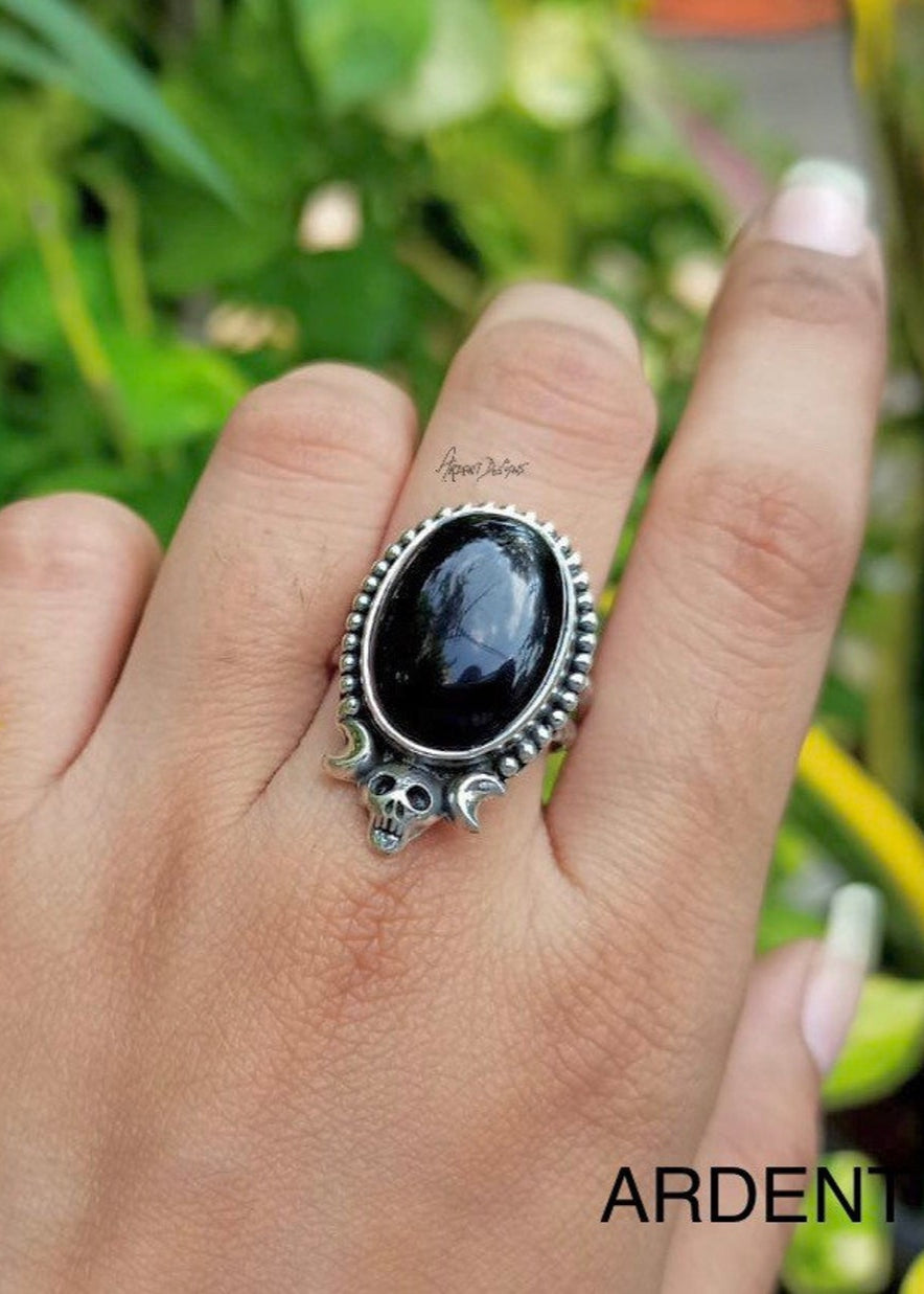 Black Onyx Ring, Halloween Ring, Skull Ring, Witchy Ring, Boho, SKU 6187
