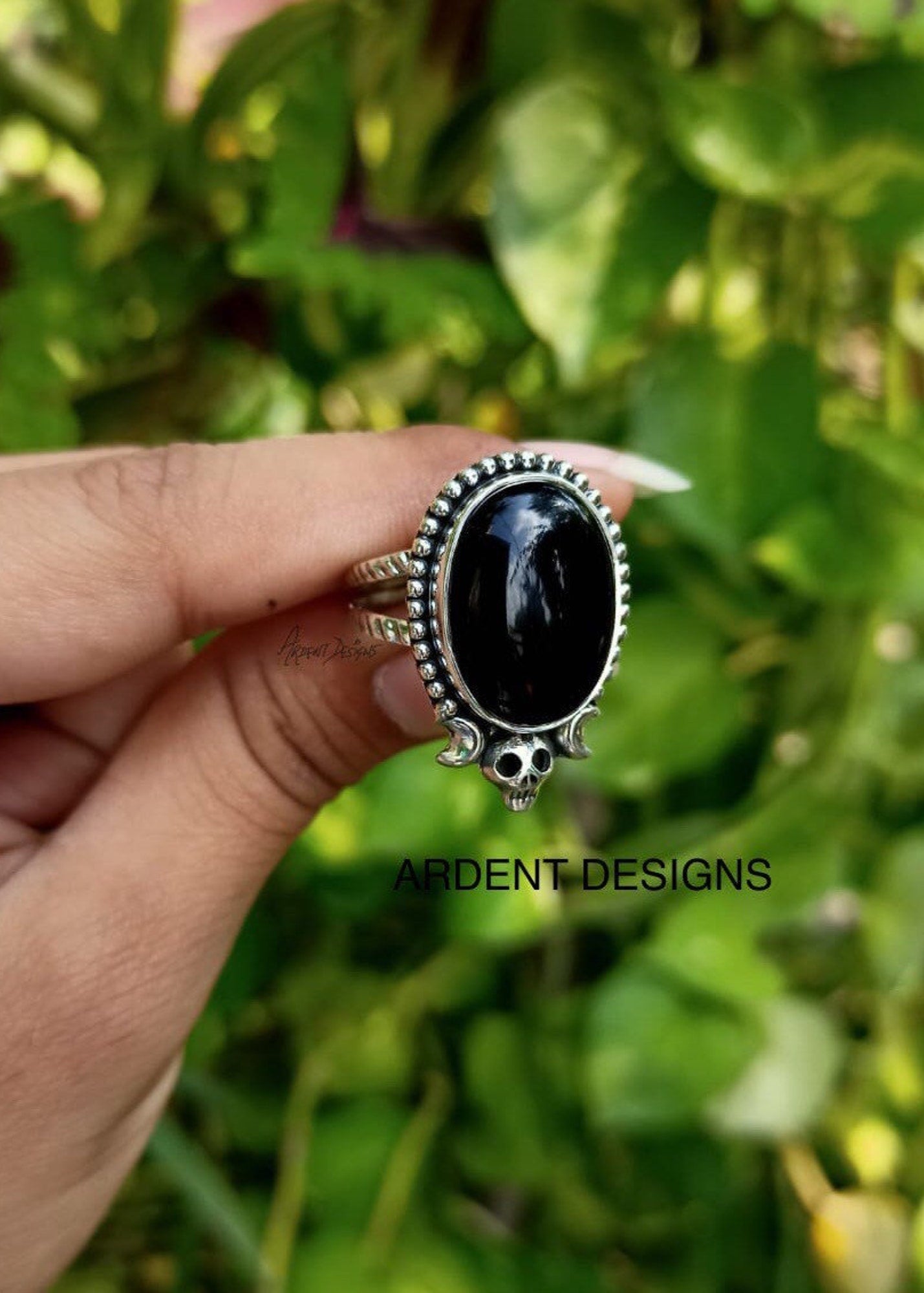 Black Onyx Ring, Halloween Ring, Skull Ring, Witchy Ring, Boho, SKU 6187